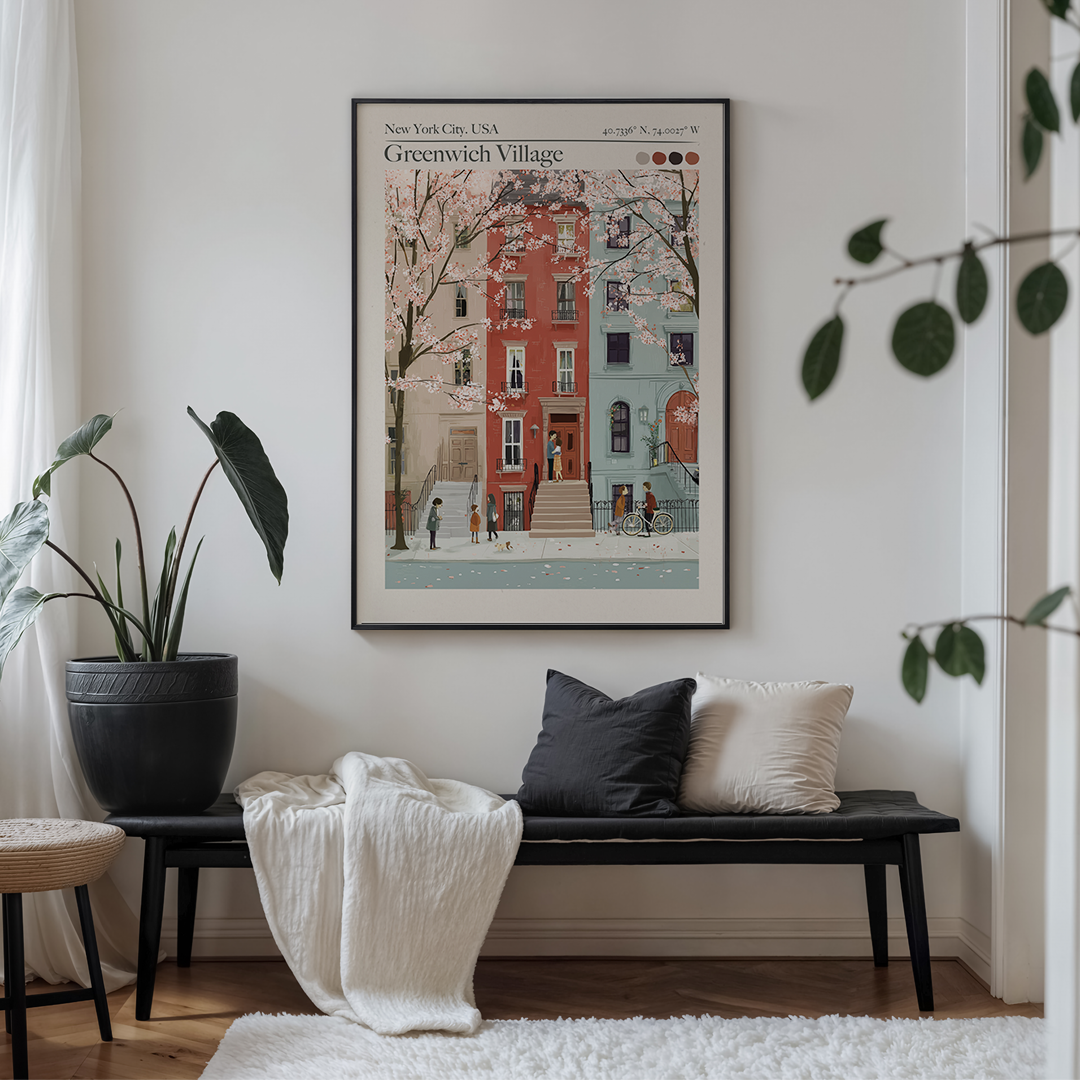 Living room with a bench, cushions, and a framed poster on the wall.