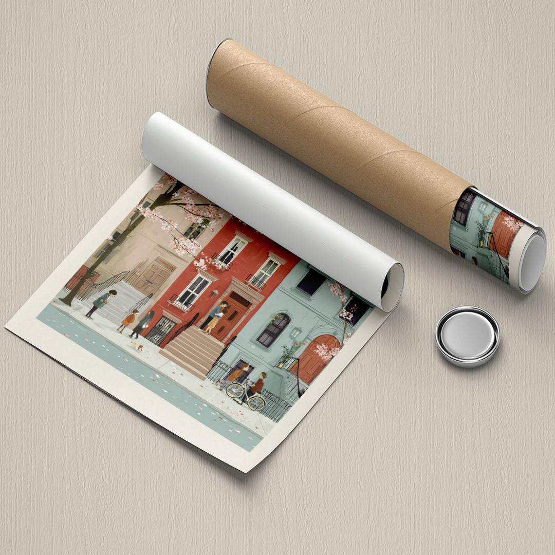Unrolled poster with a scenic design on a textured surface