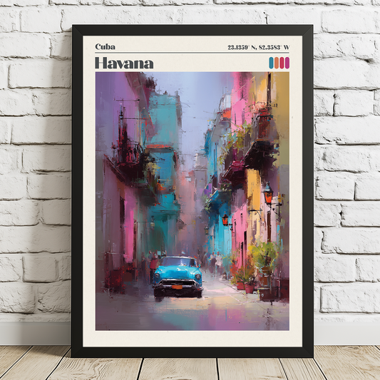 Framed artwork of a colorful street scene in Havana, Cuba, with a vintage car.