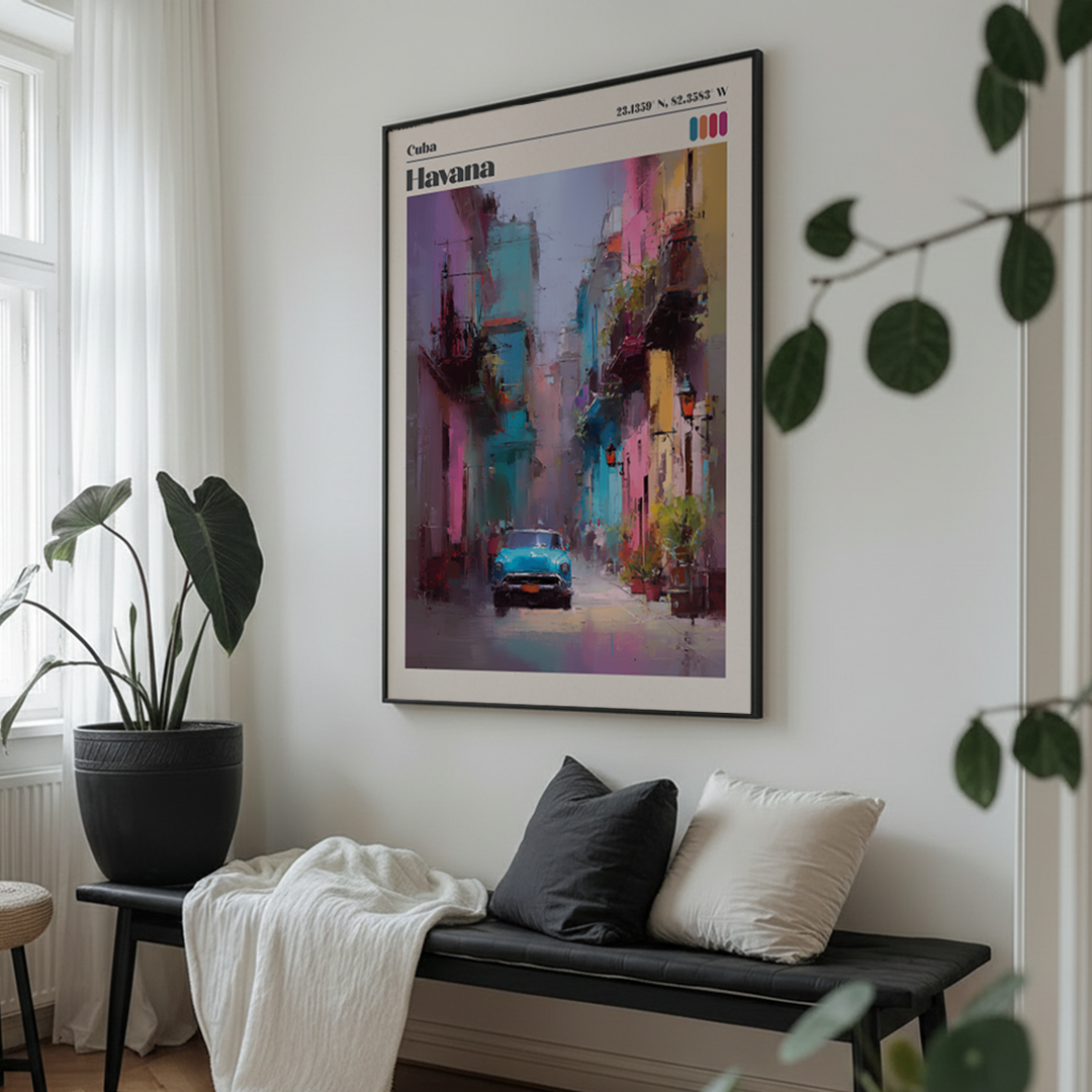 Colorful cityscape painting on a wall above a bench with cushions.