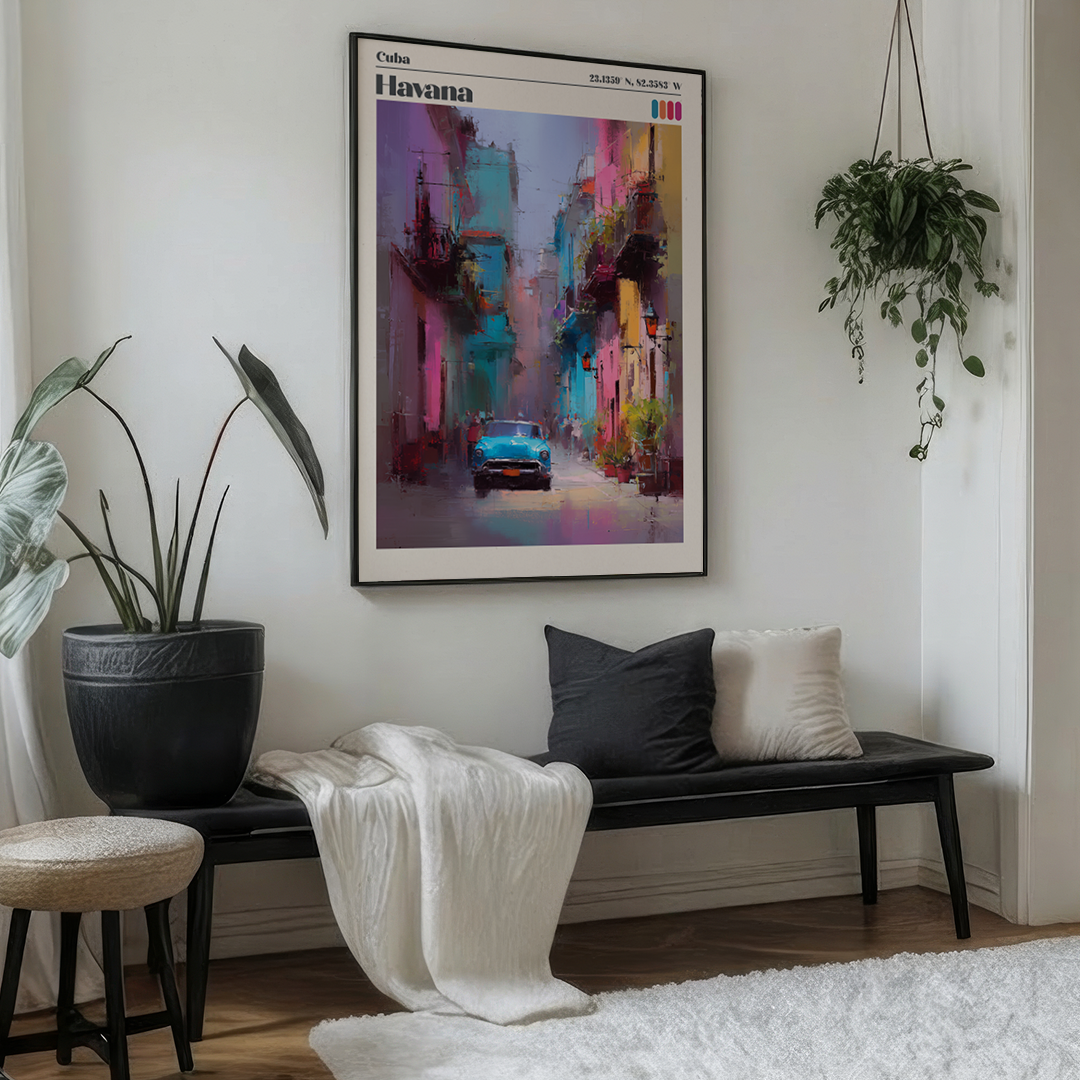 Living room with a colorful Havana-themed wall art print above a bench.