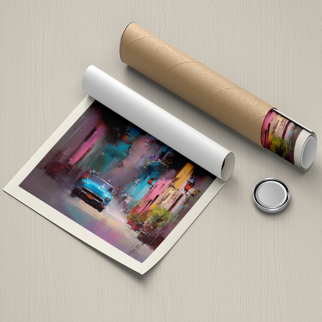 Rolled-up artwork of colorful cars on a beige surface with a roll of paper and a button.