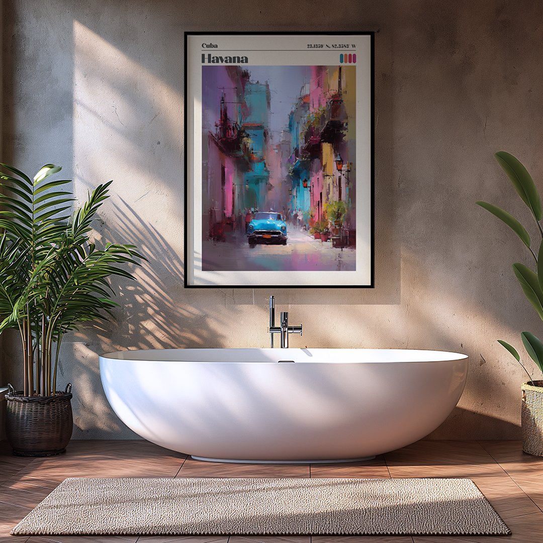 Modern bathroom with a freestanding bathtub, plants, and a framed artwork on the wall.
