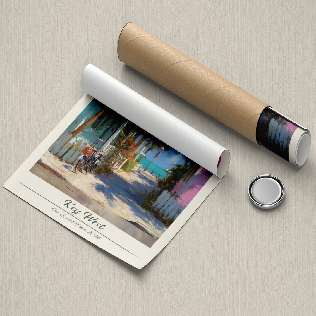 Rolled-up poster of a beach scene with a cylindrical object and button on a textured surface