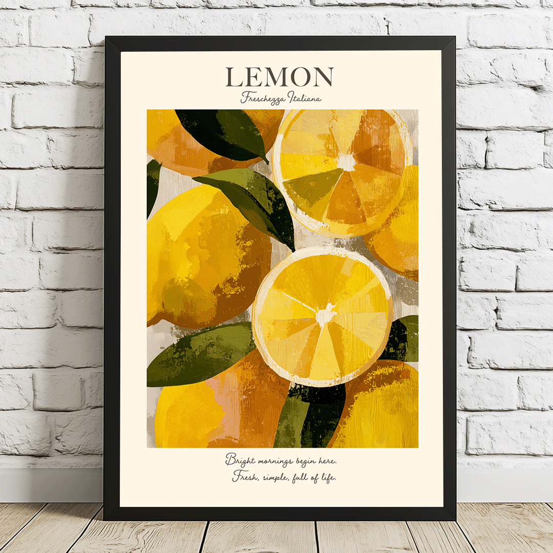 A framed art print featuring a watercolor-style illustration of lemons, leaning against a white brick wall on a light wood floor. The print has a black frame, cream background, and the word 'LEMON' at the top with decorative script.