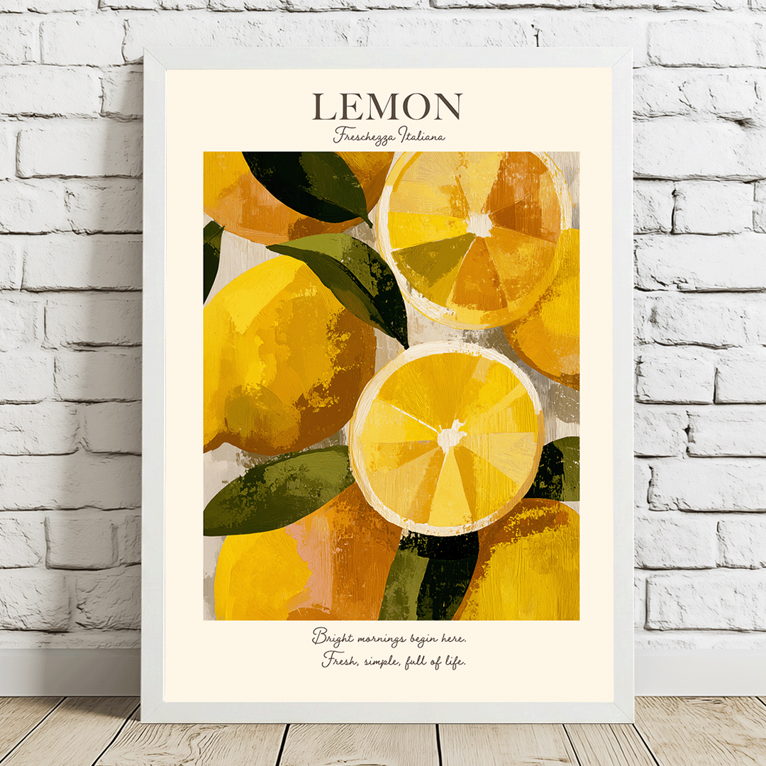 A framed lemon art print leaning against a white brick wall on a light wood floor. The poster features a watercolor-style illustration of yellow lemons and green leaves with the word 'LEMON' at the top and decorative script text at the bottom.