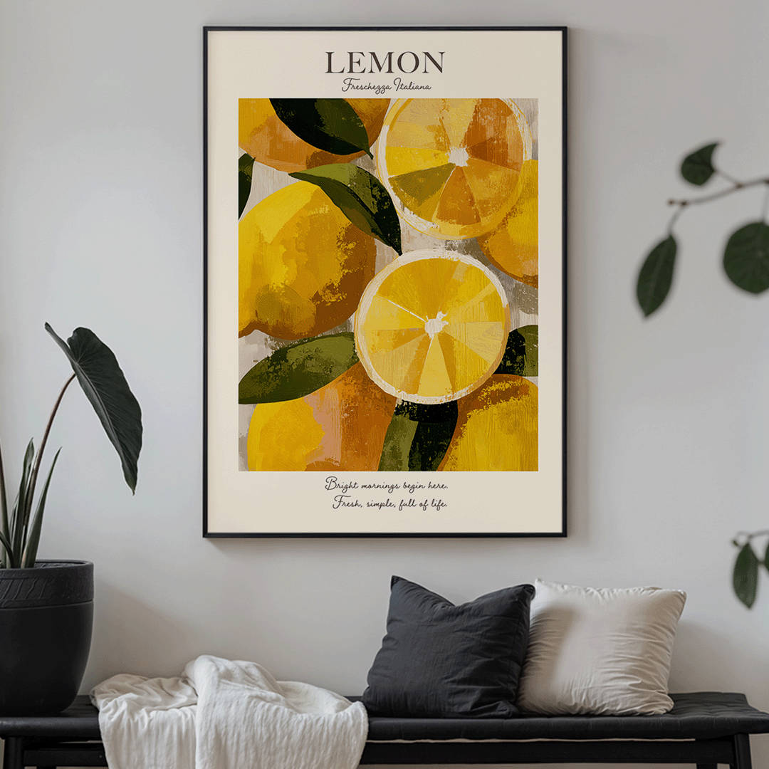 A framed wall art print featuring a stylized lemon illustration with the word 'LEMON' at the top and decorative text near the bottom, displayed above a bench with pillows in a styled interior setting.