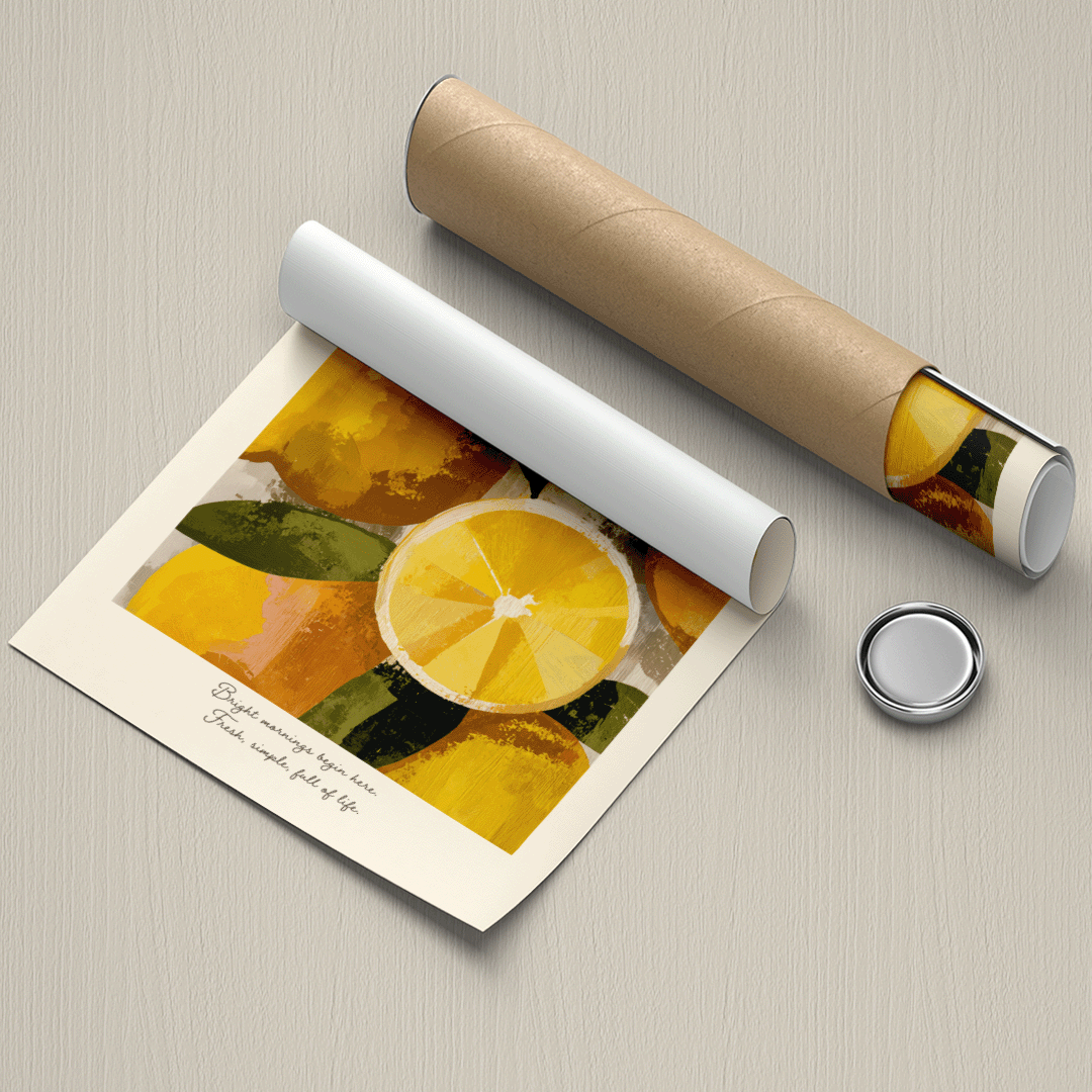 A rolled art print or poster with a citrus fruit illustration lies partly unrolled next to a brown cardboard mailing tube and a small round silver cap on a light beige textured background.