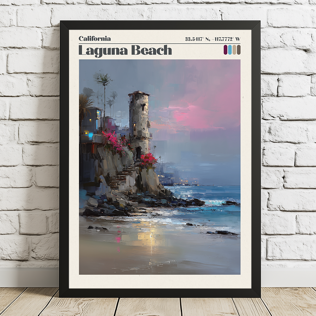 Framed artwork of Laguna Beach, California with a beach scene and tower.