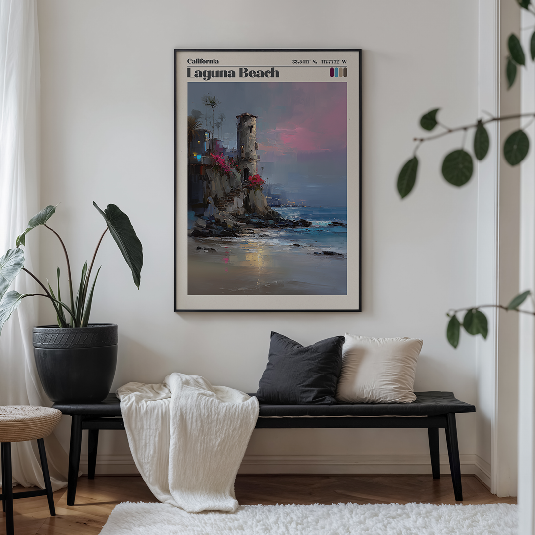 Living room with a bench, plant, and framed Laguna Beach poster on the wall.