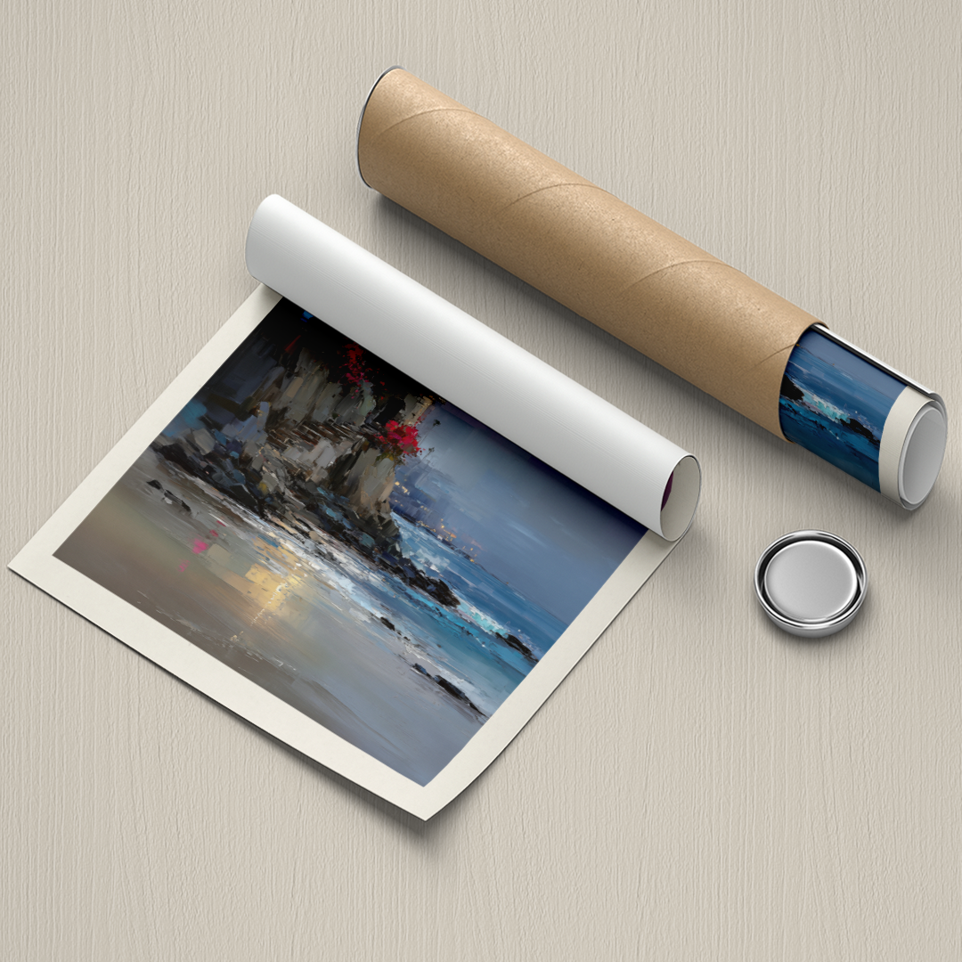 Roll of paper with a scenic print on a textured surface