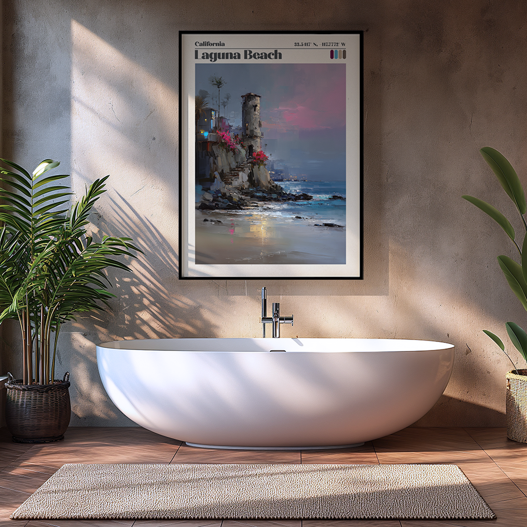 Bathroom with a freestanding bathtub, framed artwork on the wall, and plants.