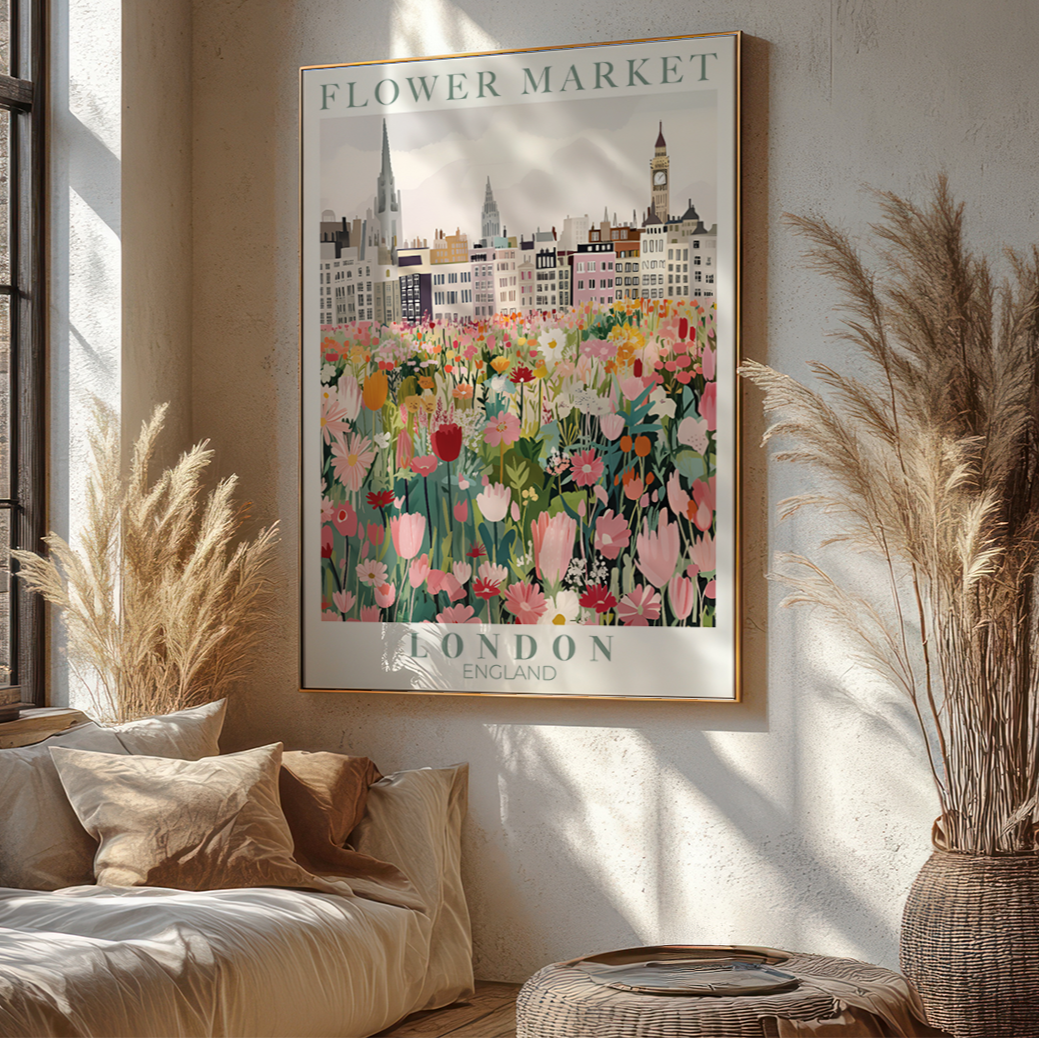 Decorative poster of a flower market in London on a wall with pampas grass and a sofa.