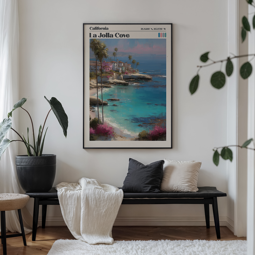 La Jolla pastel travel print with turquoise coves, cliffs & map coordinates. Premium California coastal wall art for US homes. Museum‑quality archival print. 