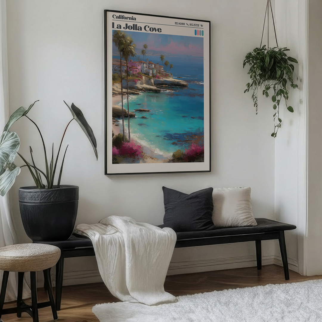 Living room with a bench, cushions, and a framed artwork of La Jolla Cove.