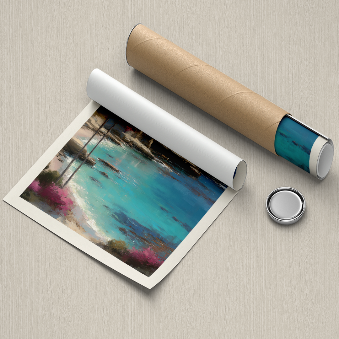 Roll of paper with a printed landscape scene on a textured surface