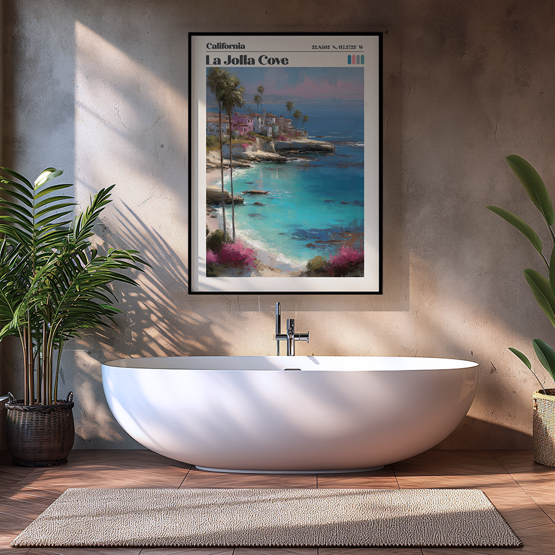 La Jolla pastel travel print with turquoise coves, cliffs & map coordinates. Premium California coastal wall art for US homes. Museum‑quality archival print. 