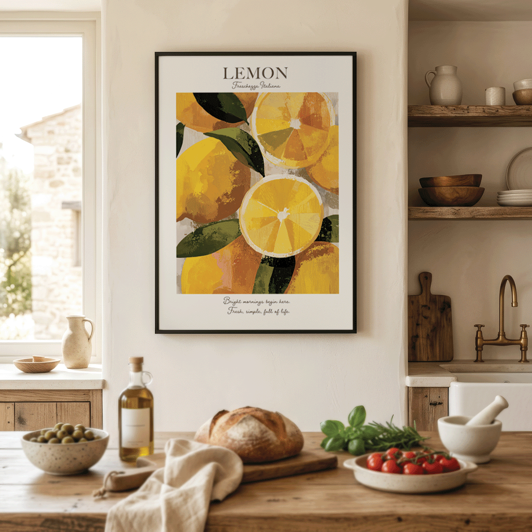 A framed art print featuring a colorful illustration of lemons and green leaves with the text 'LEMON' at the top, hanging on a beige wall in a bright, modern kitchen with a wooden countertop and various food items below.