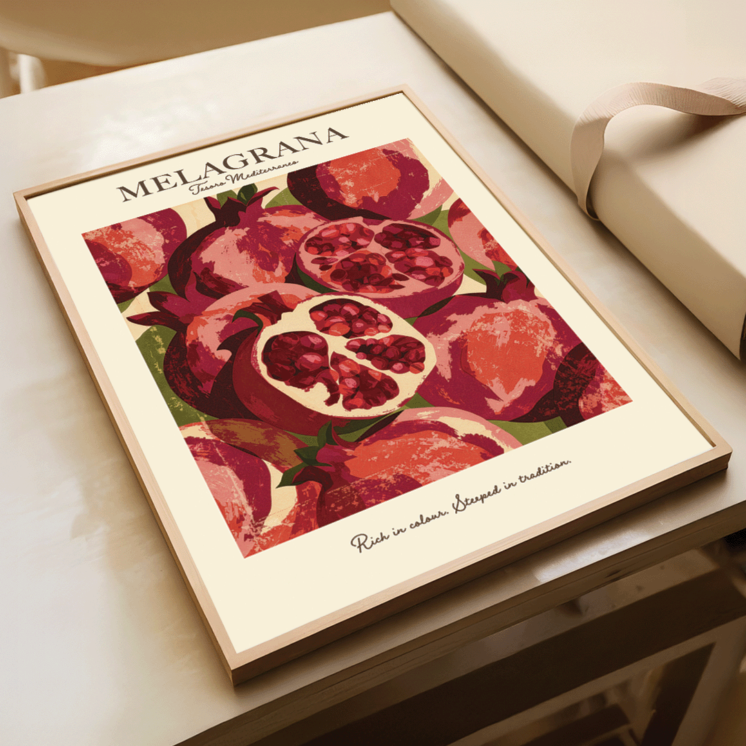 A framed art print featuring a stylized illustration of pomegranates with the text 'MELAGRANA' at the top and 'Rich in colour. Bespoke in tradition' at the bottom, displayed on a light-colored surface next to a cream-colored gift box.