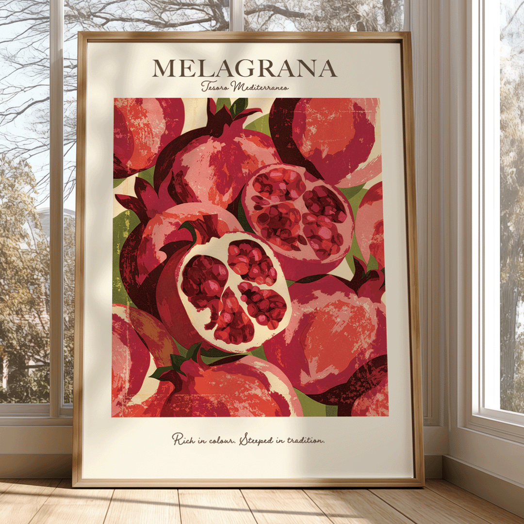 A framed botanical art print of pomegranates titled 'MELAGRANA' leaning against a window in a sunlit room. The print features a colorful illustration of whole and halved pomegranates with cream, red, and green tones, bordered by a light wood frame.