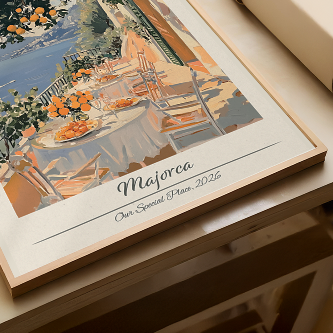 Framed artwork of a coastal scene with 'Majorca' and 'Our Special Place, 2026' text.