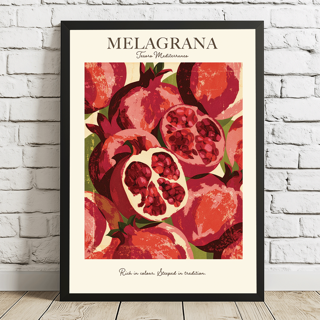 A framed art print featuring a stylized illustration of pomegranates with the text 'MELAGRANA' at the top, leaning against a white brick wall on a light wood floor.