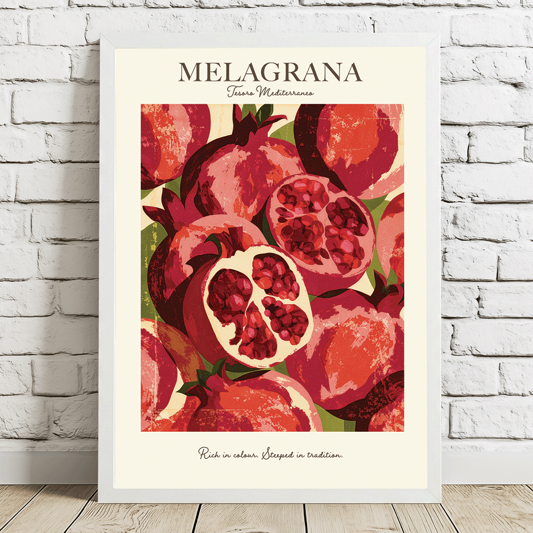 A framed art print featuring a stylized illustration of red and pink pomegranates with the text 'MELAGRANA' at the top, leaning against a white brick wall on a light wood floor.