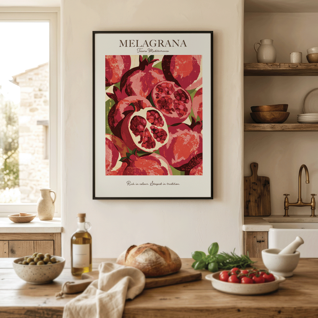 A framed art print featuring a colorful illustration of pomegranates with the text 'MELAGRANA' at the top, hanging on a beige wall in a rustic kitchen setting with a wooden countertop, bread, olives, and fresh tomatoes.