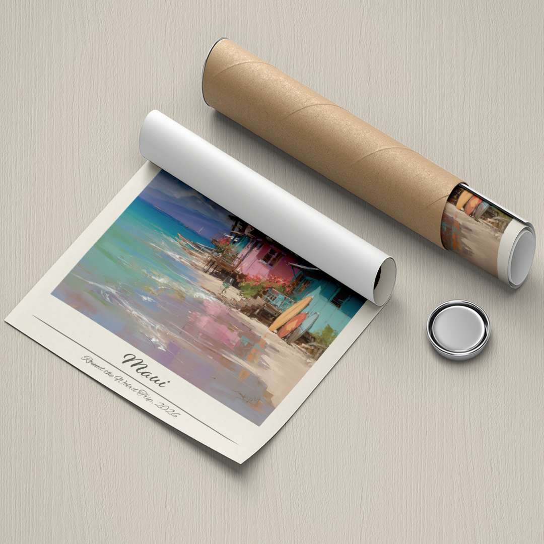 Rolled-up poster of a colorful scene with a cylindrical object and button on a textured surface