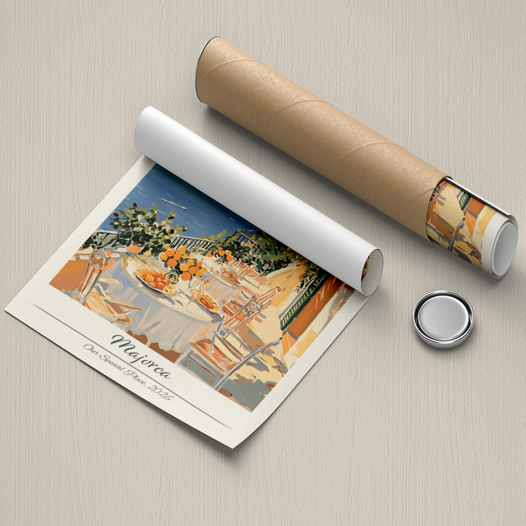 Rolled-up poster with a scenic design on a textured surface