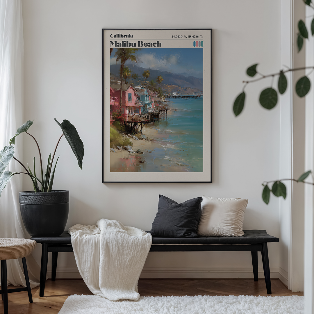 Living room with a bench, plant, and Malibu Beach poster on the wall