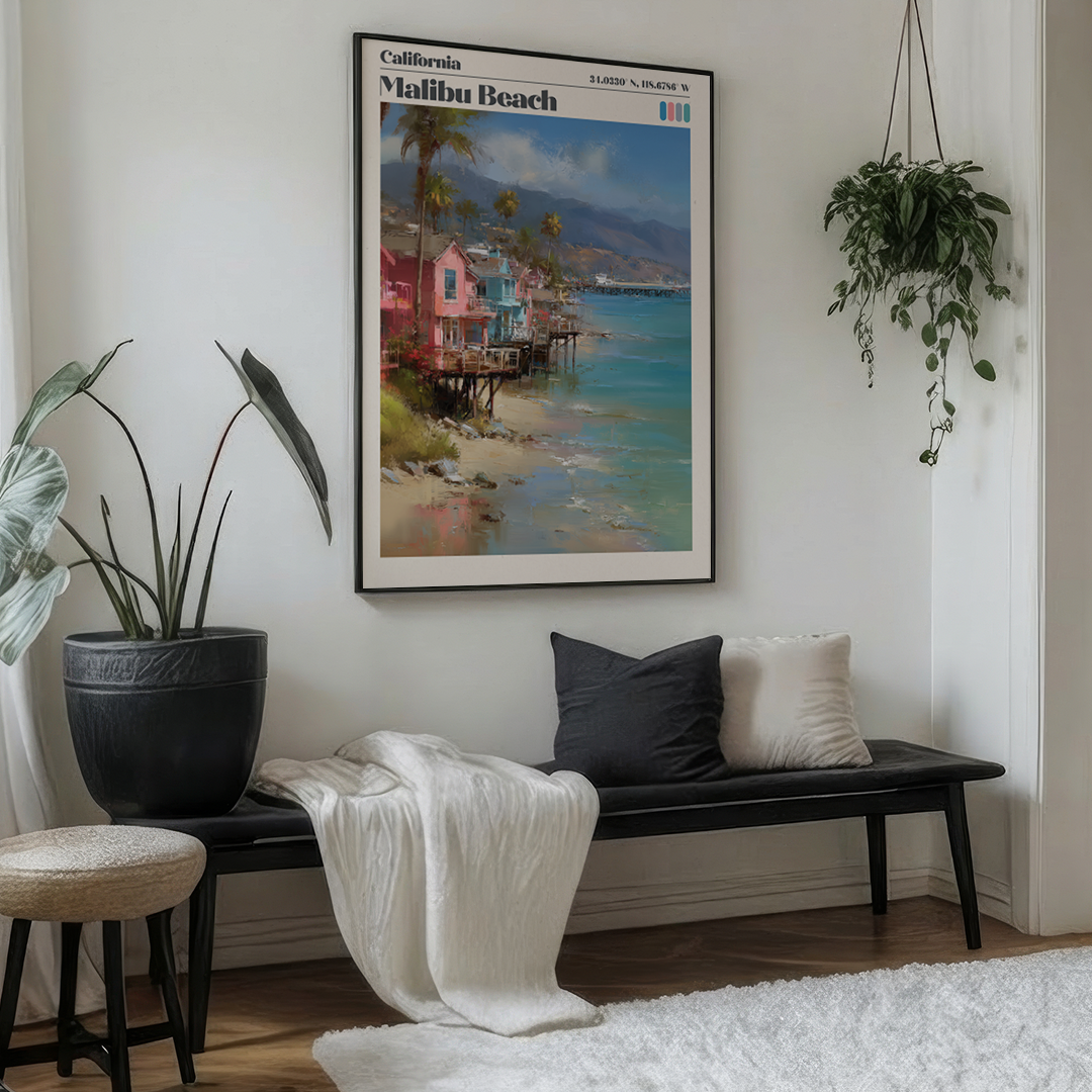 Malibu pastel travel print with beachfront homes, turquoise water & map coordinates. Premium California coastal décor. Museum‑quality archival print.
