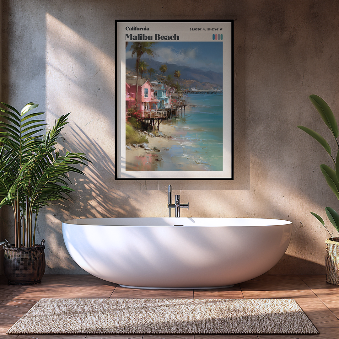 Malibu pastel travel print with beachfront homes, turquoise water & map coordinates. Premium California coastal décor. Museum‑quality archival print.