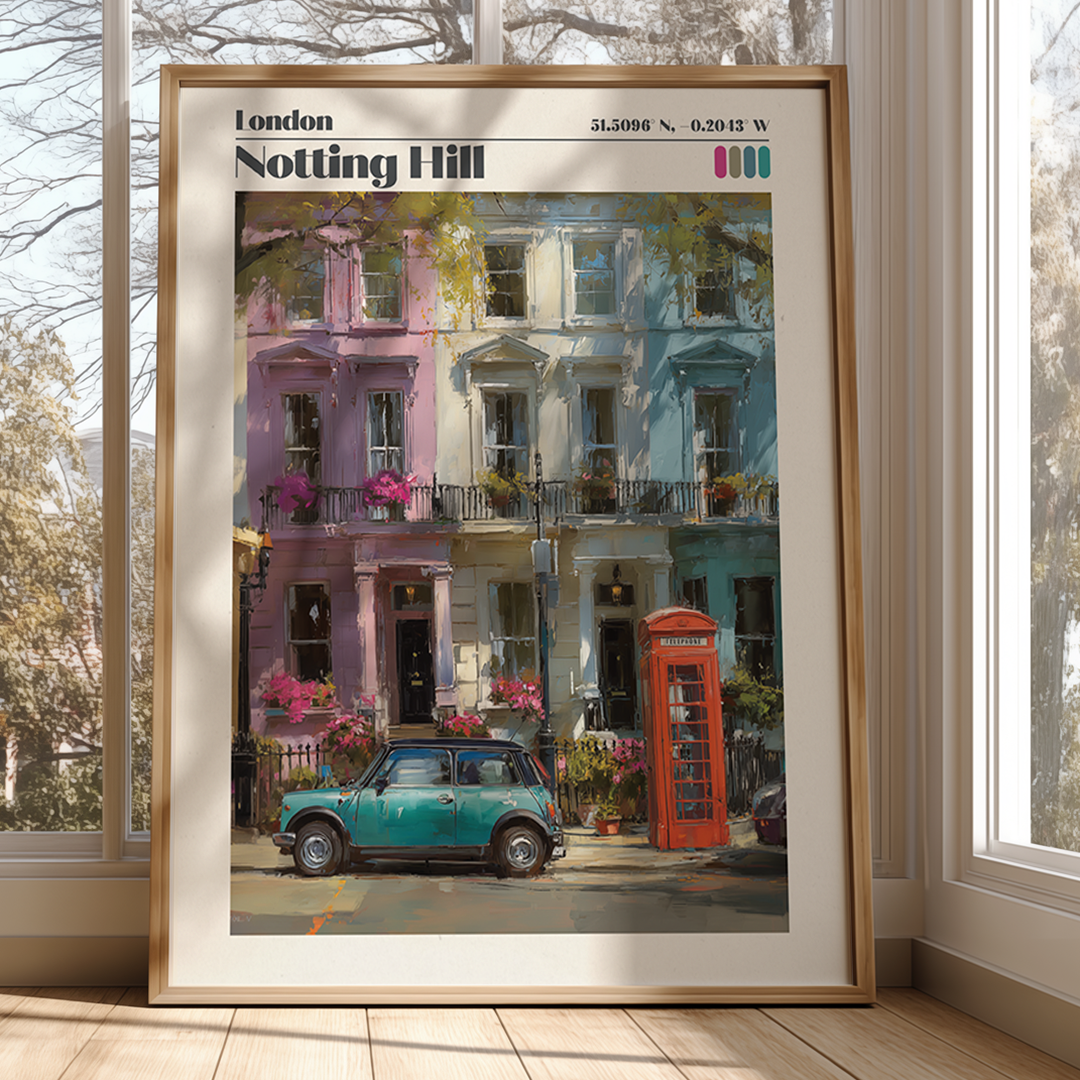 Pastel Notting Hill print featuring colourful townhouses, a red phone box and a classic Mini. Premium archival travel‑poster wall art.