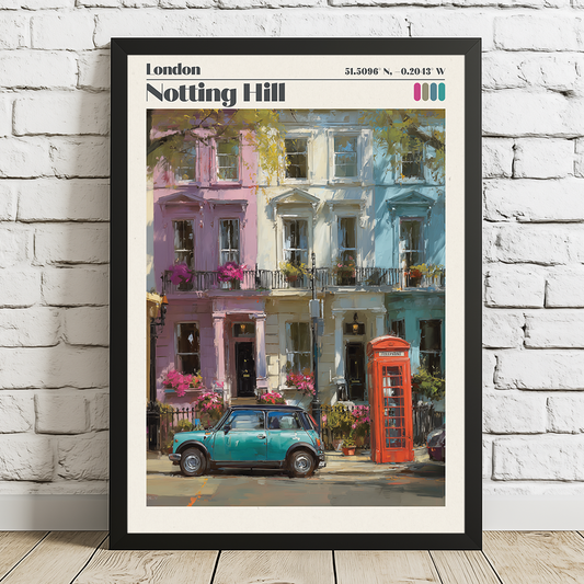Pastel Notting Hill print featuring colourful townhouses, a red phone box and a classic Mini. Premium archival travel‑poster wall art.