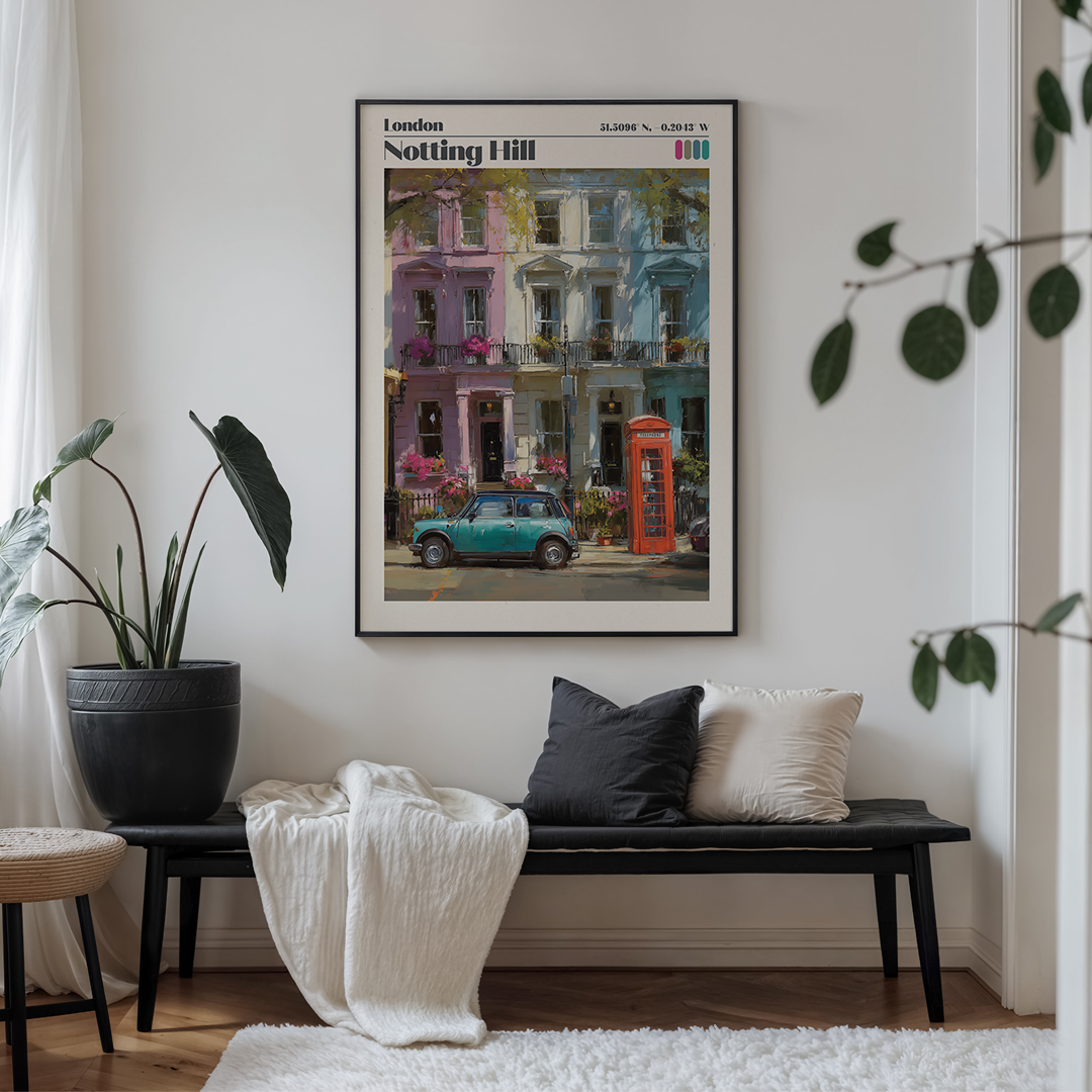Pastel Notting Hill print featuring colourful townhouses, a red phone box and a classic Mini. Premium archival travel‑poster wall art.
