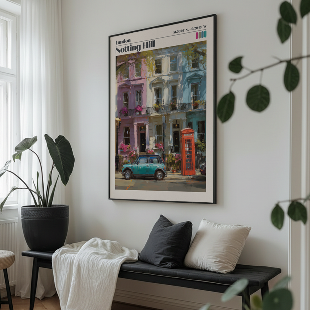 Pastel Notting Hill print featuring colourful townhouses, a red phone box and a classic Mini. Premium archival travel‑poster wall art.