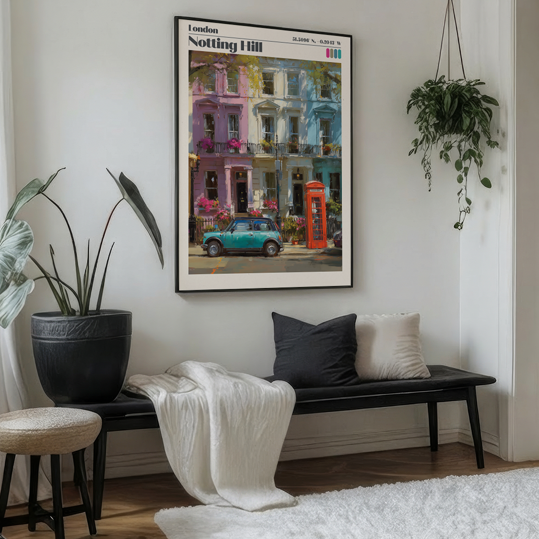Pastel Notting Hill print featuring colourful townhouses, a red phone box and a classic Mini. Premium archival travel‑poster wall art.