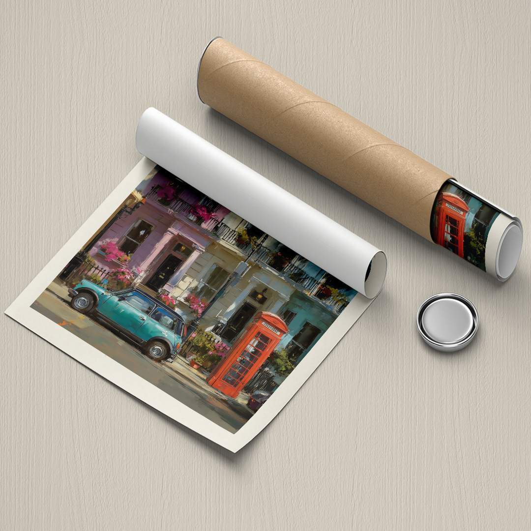 Pastel Notting Hill print featuring colourful townhouses, a red phone box and a classic Mini. Premium archival travel‑poster wall art.