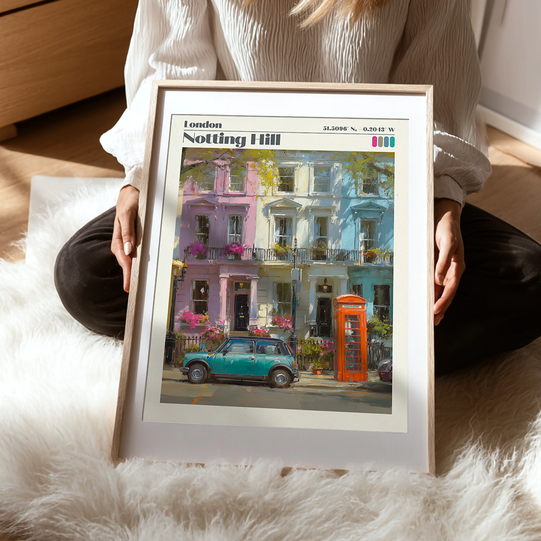 Pastel Notting Hill print featuring colourful townhouses, a red phone box and a classic Mini. Premium archival travel‑poster wall art.