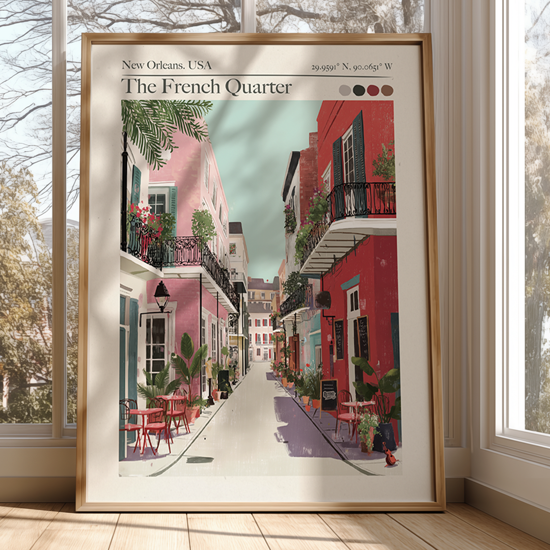 Framed artwork of a street scene in The French Quarter, New Orleans, USA.