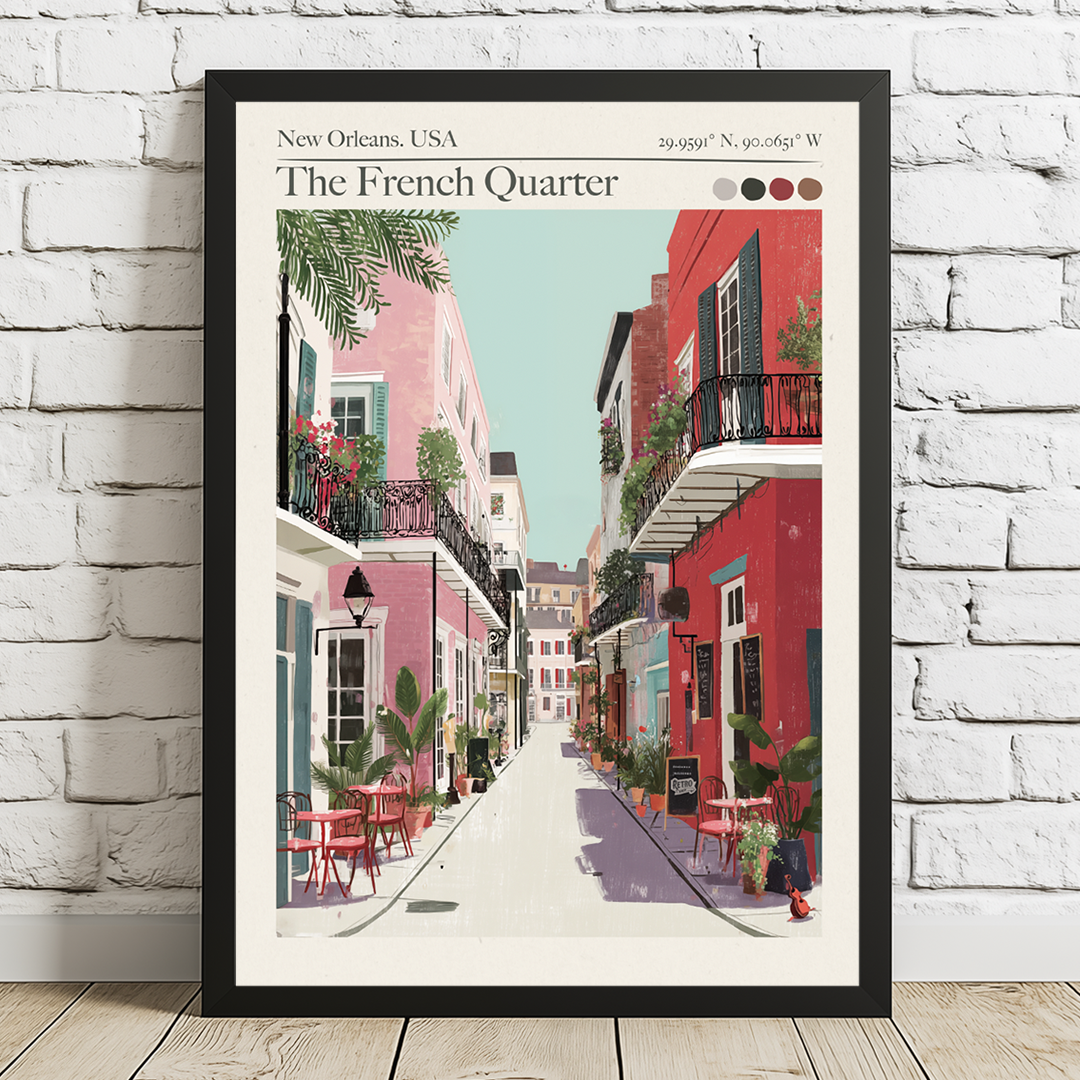 Framed artwork of a street scene in The French Quarter, New Orleans, USA, on a white brick wall.