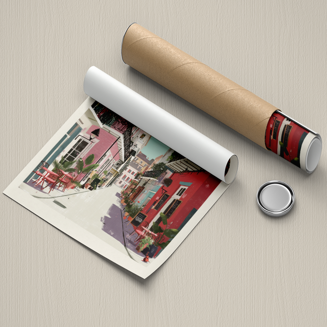 Roll of paper with a printed design of a building, a canister, and a button on a beige surface.
