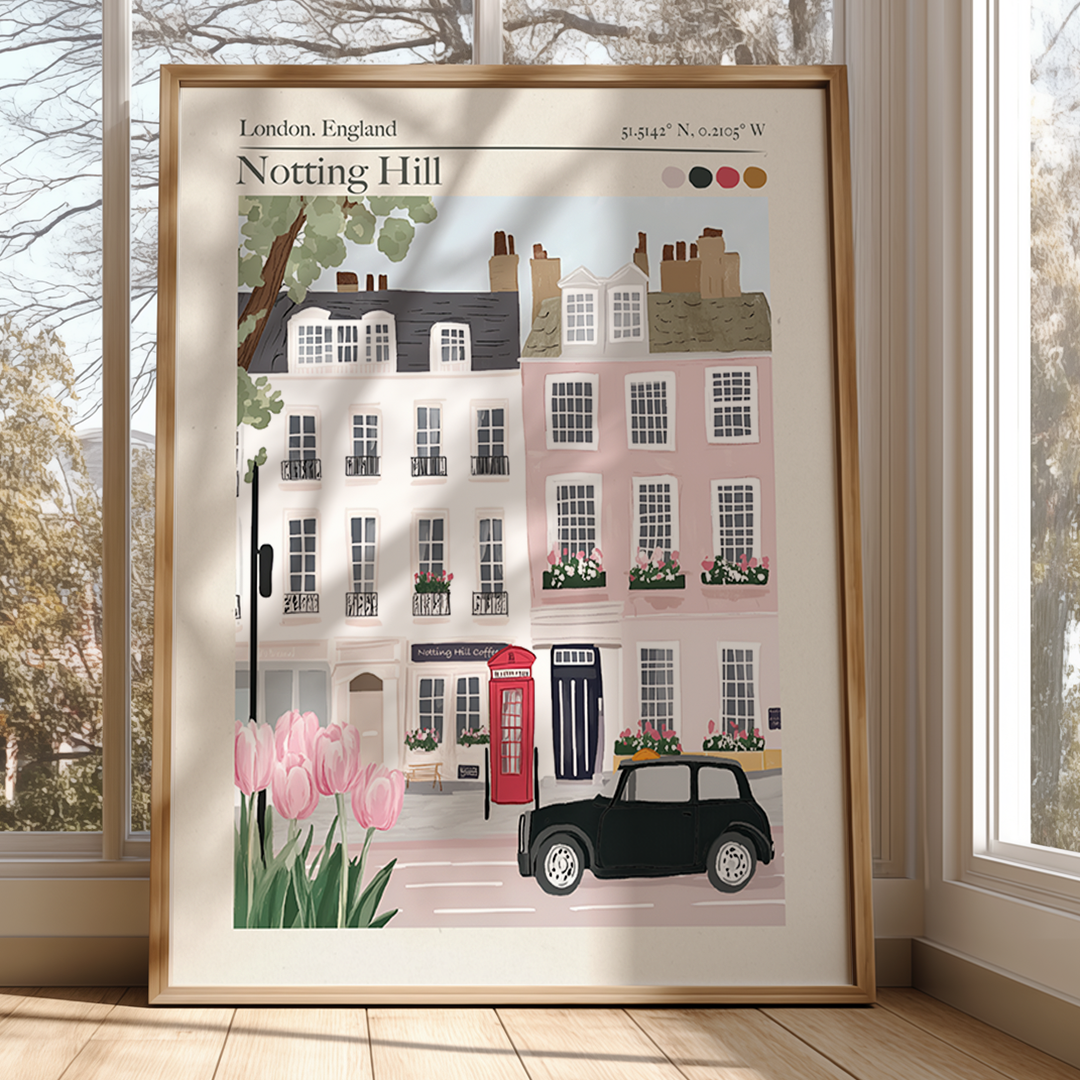 Framed artwork of a London street scene with houses, a car, and pink tulips.