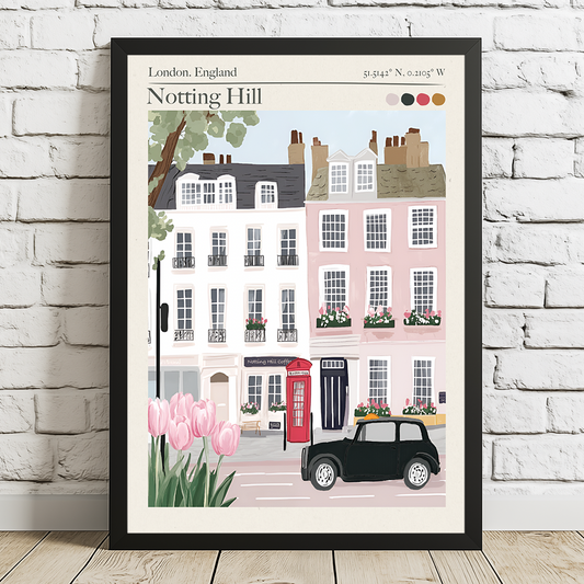 Framed artwork of a London street scene with houses, a red phone box, and a black taxi.