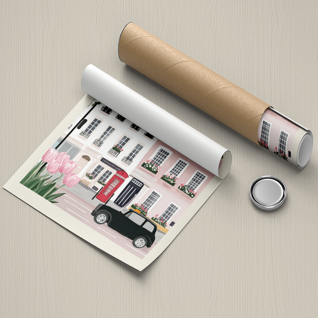Roll of paper with a printed design of a street scene featuring a black car, pink building, and flowers on a beige background.