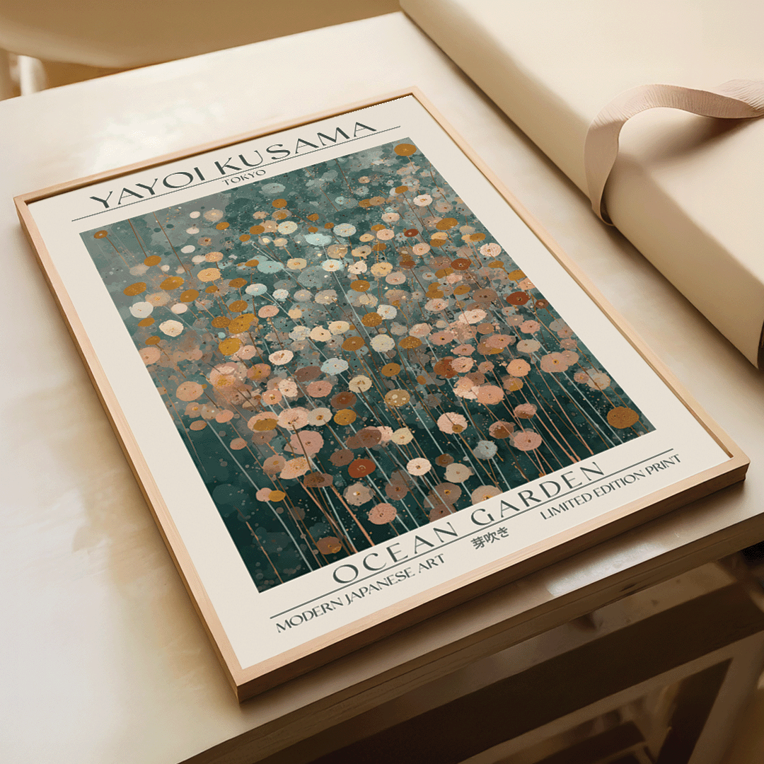 A framed art print titled 'OCEAN GARDEN' by Yayoi Kusama, featuring a dense field of multicolored floral circles on a dark teal background, styled on a light beige tabletop next to a cream-colored gift box.