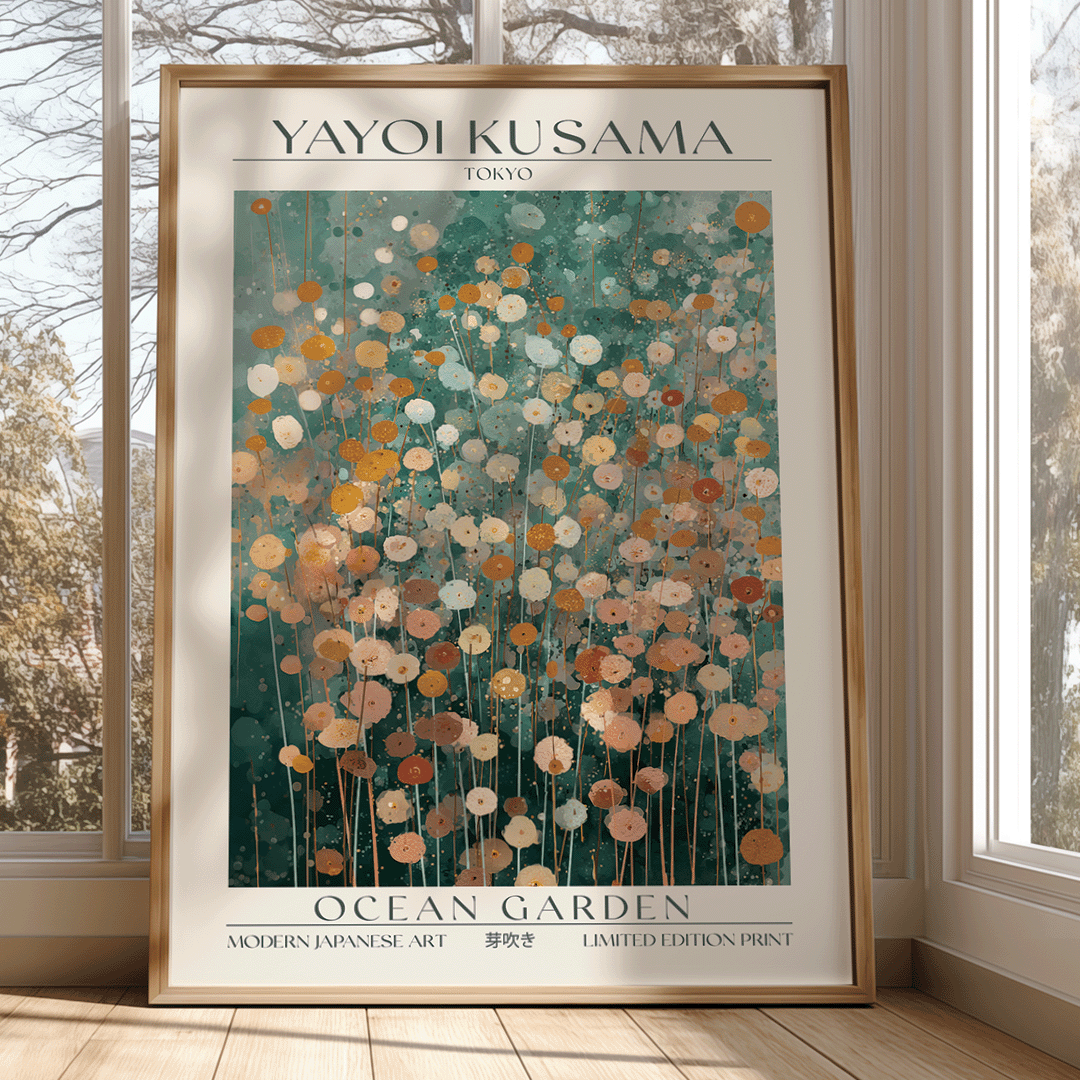 A framed art print titled 'OCEAN GARDEN' by Yayoi Kusama, featuring an abstract floral pattern in teal, orange, beige, and white, displayed leaning against a window in a sunlit room.