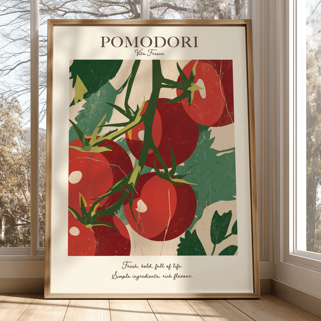 A framed art print featuring a retro-style illustration of red pomodori tomatoes on the vine with green leaves, leaning against a window in a sunlit room.