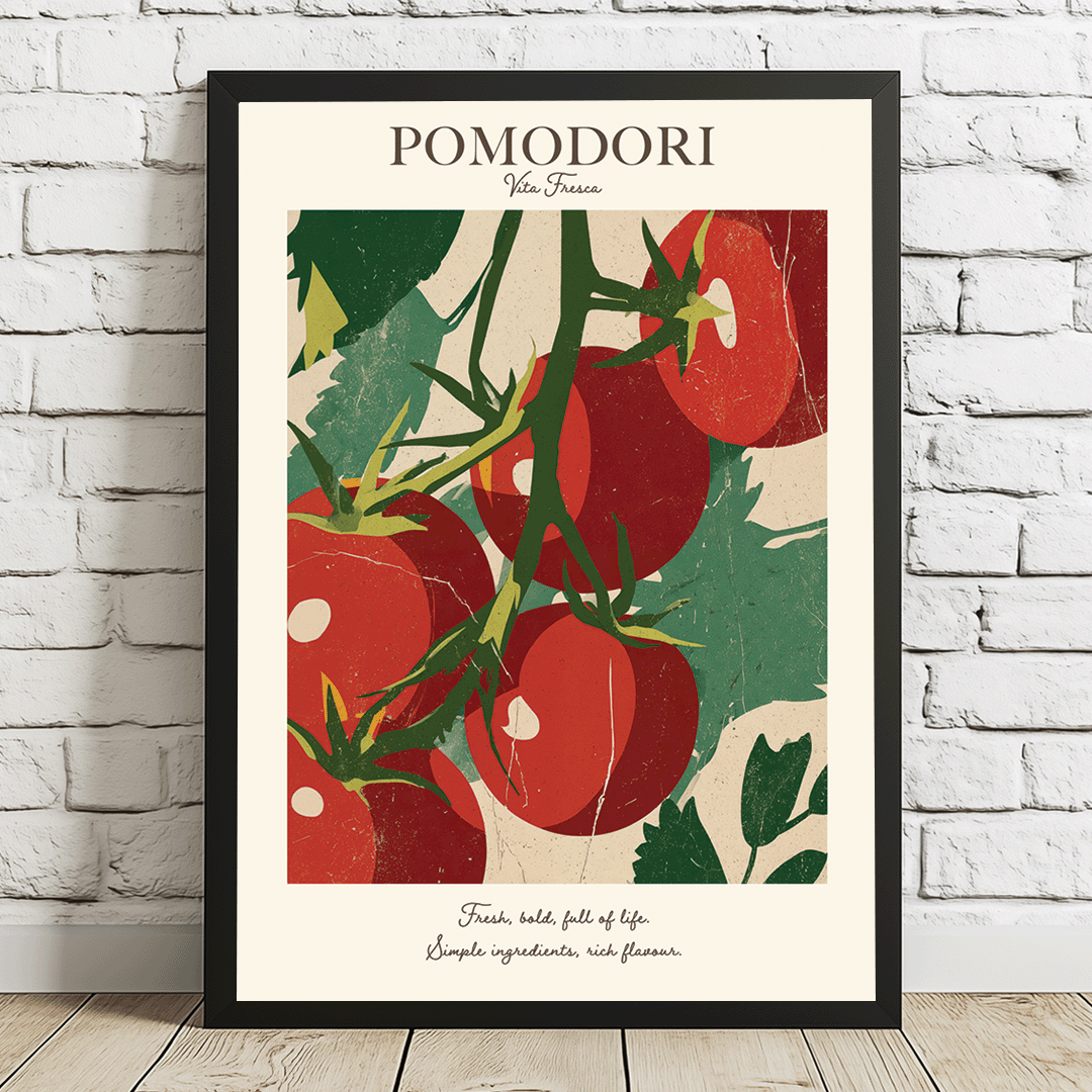 A framed vintage-style tomato poster leaning against a white brick wall on a wooden floor. The poster features the word 'POMODORI' at the top and an illustration of red tomatoes on the vine with green leaves on a cream background.